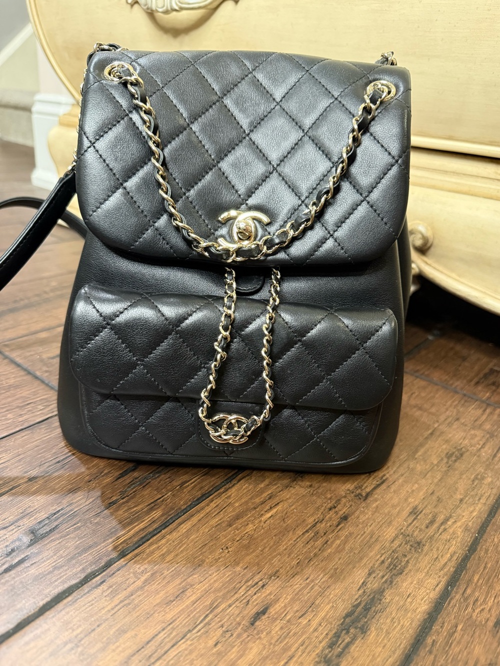 Black Quilted Leather Drawstring Backpack with Gold Chain